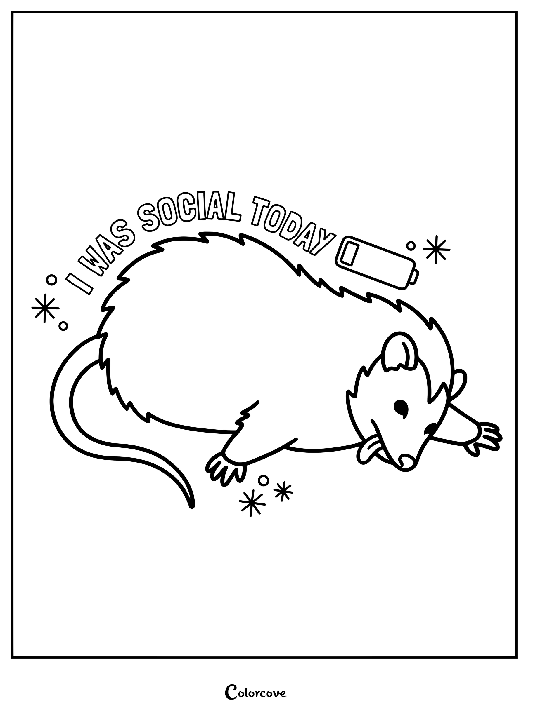 A cute opossum lying flat with its tongue out under the text I Was Social Today and a low battery icon in this printable coloring page.