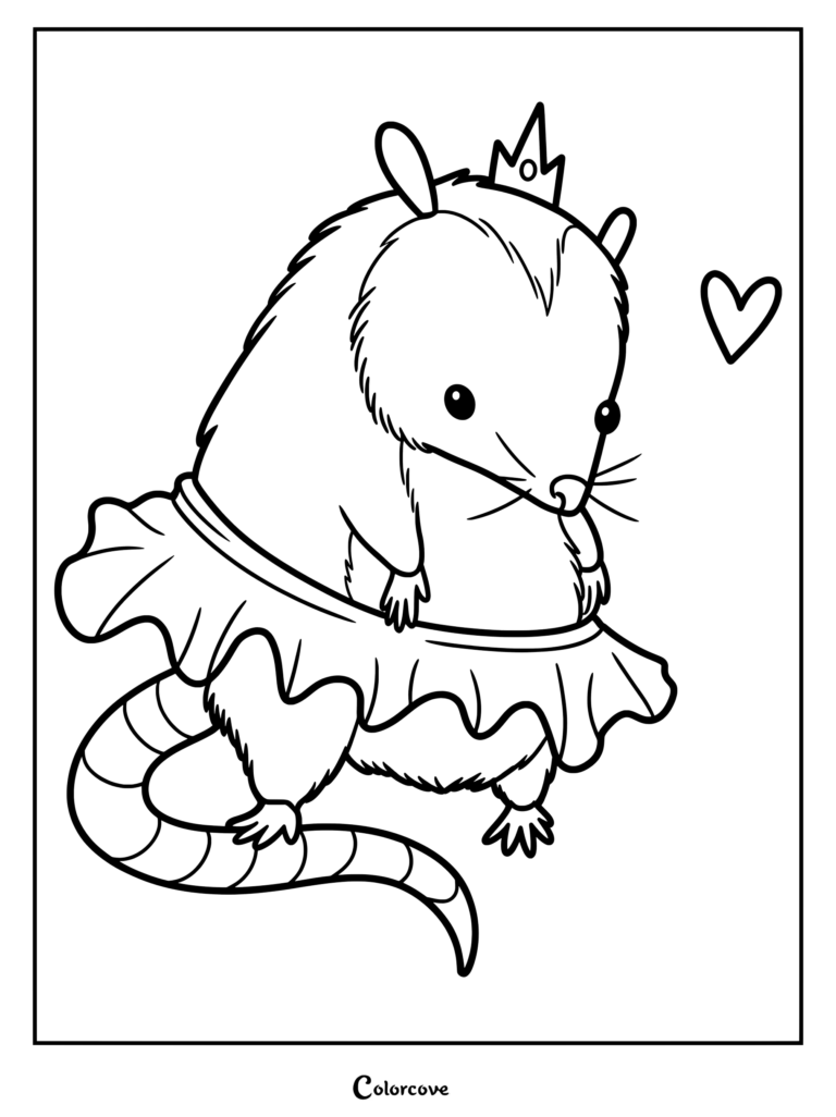 A cute opossum wearing a crown and a tutu coloring page with a heart icon.