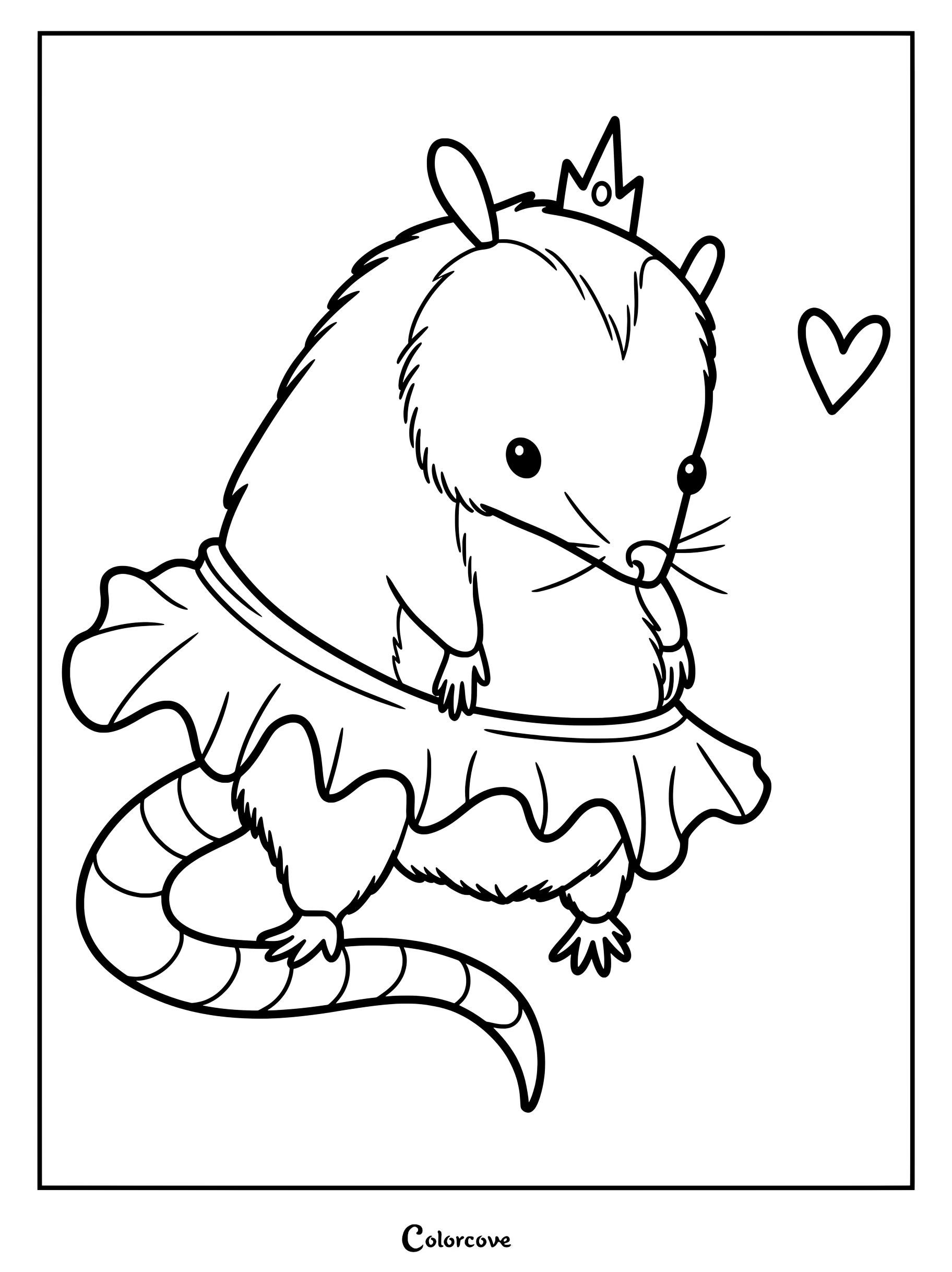 A cute opossum wearing a crown and a tutu coloring page with a heart icon.