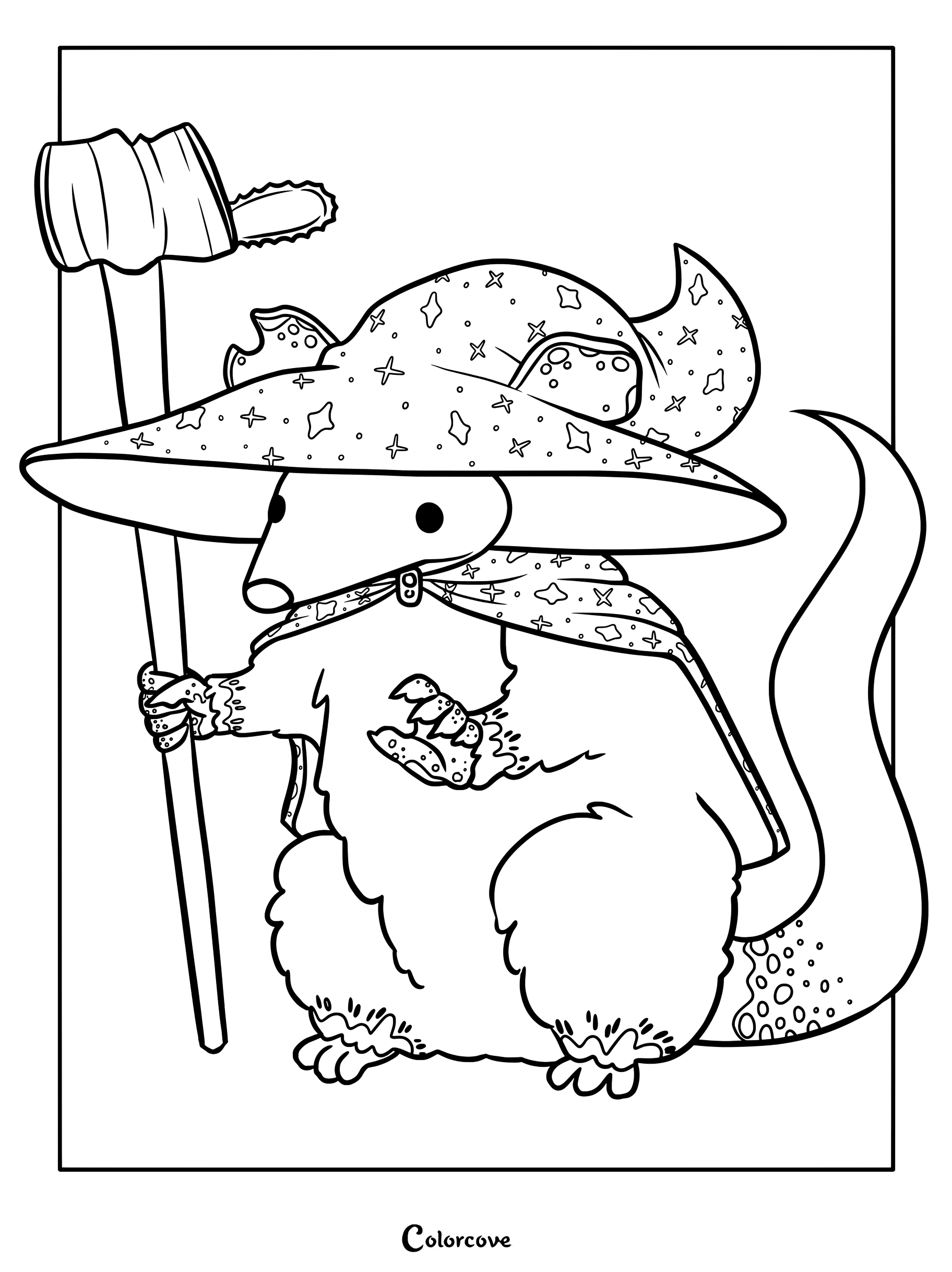 A cute opossum wearing a star-patterned wizard hat and cape, holding a wooden staff with a gear-shaped top, line art coloring page.