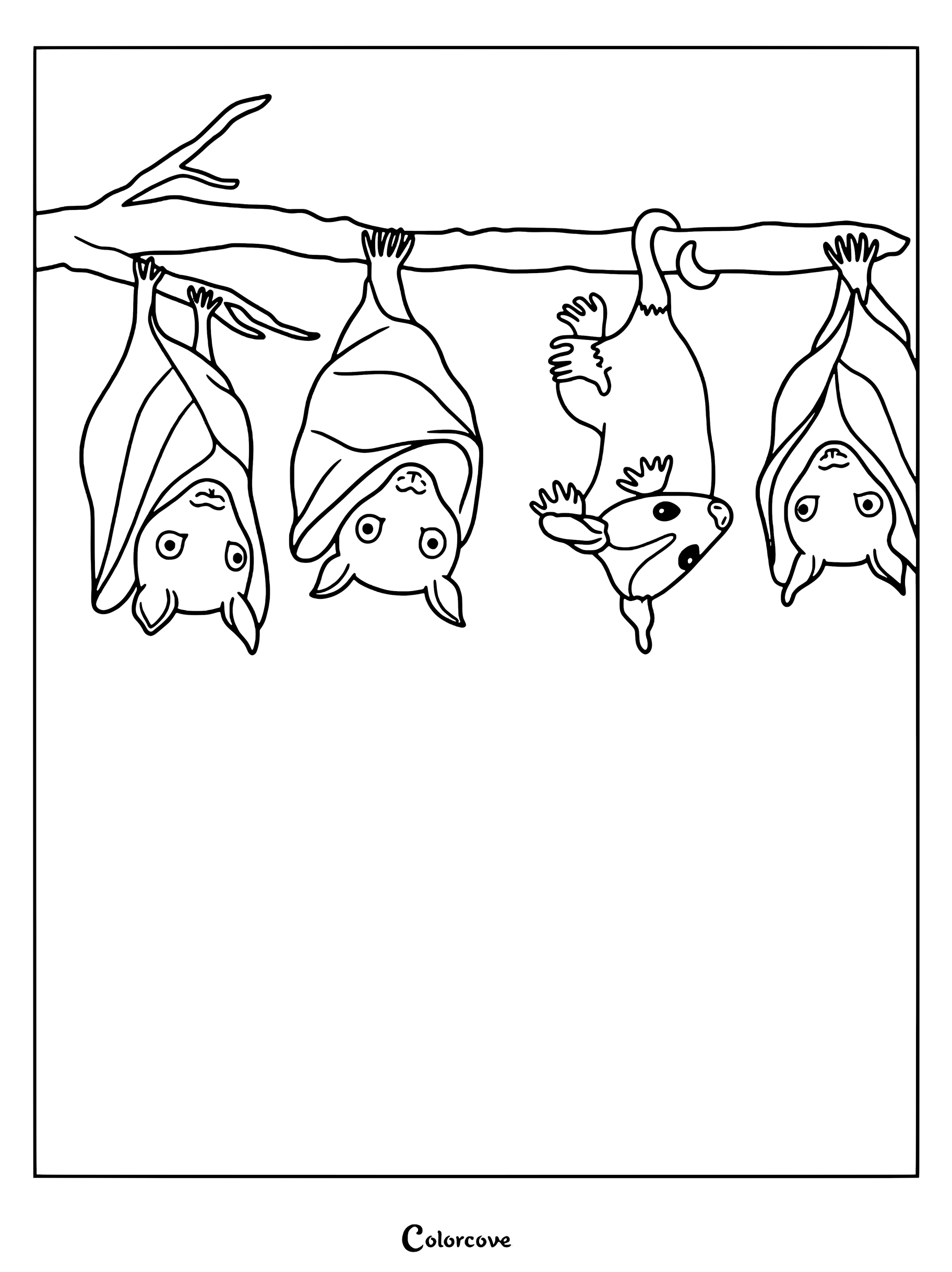 A printable coloring page featuring three bats and one opossum hanging upside down from a tree branch.