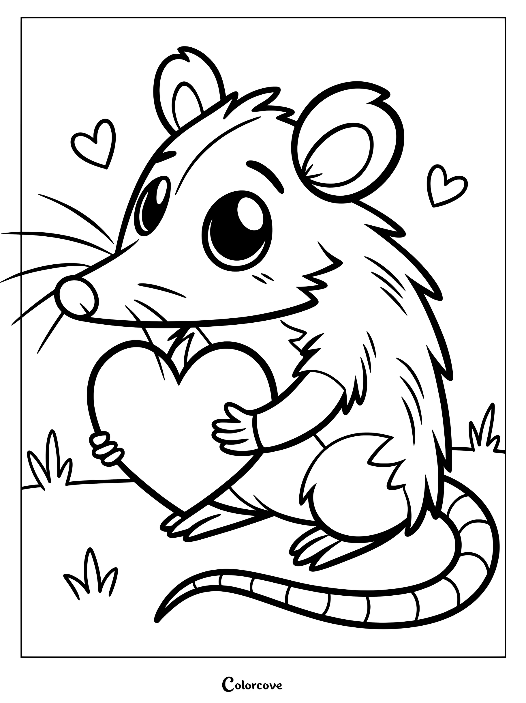 A cute opossum holding a large heart with floating hearts in the background, line art coloring page.