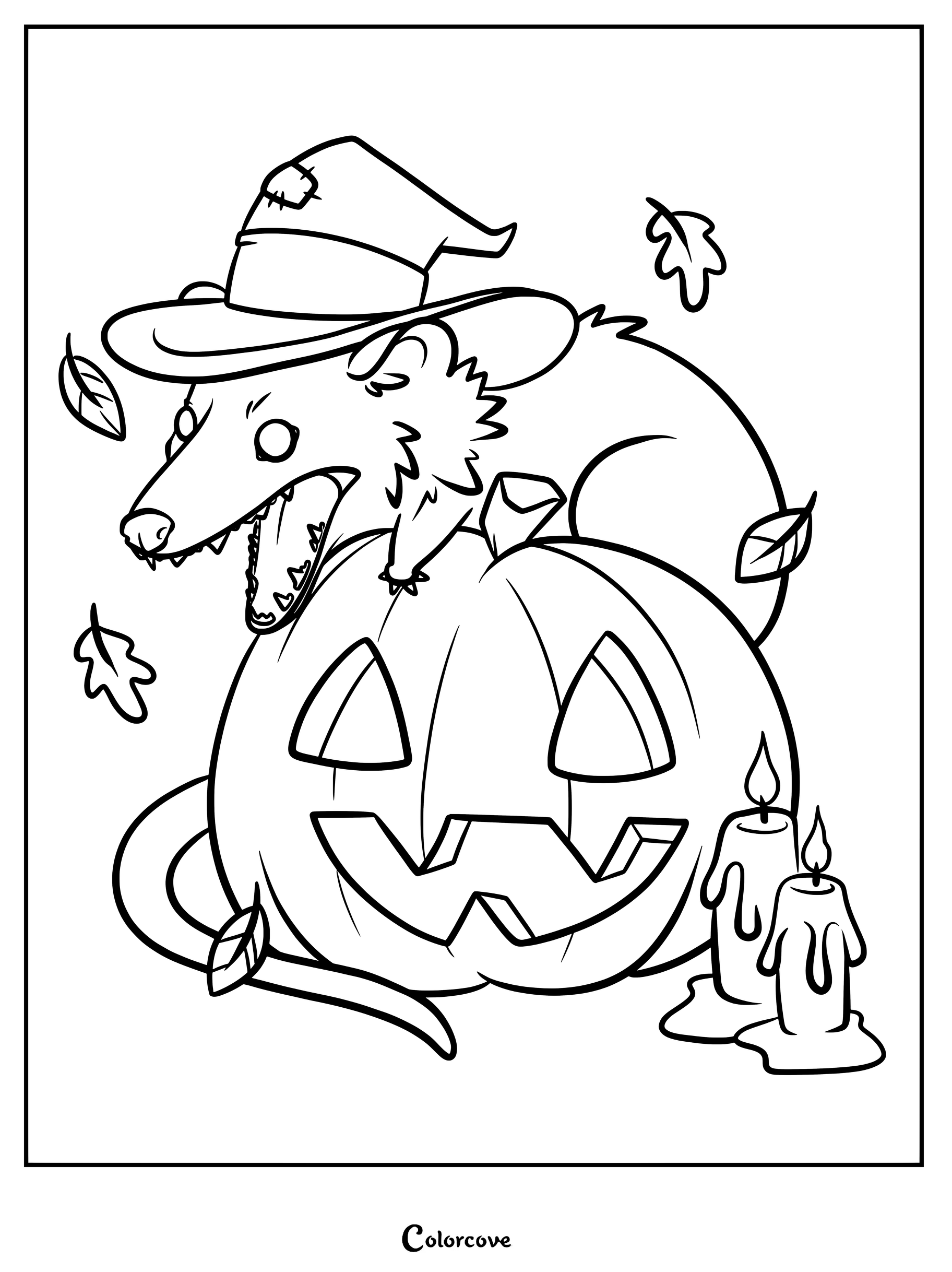 A screaming opossum wearing a patched witch hat perched on a carved jack-o'-lantern with melting candles and falling leaves in this coloring page.