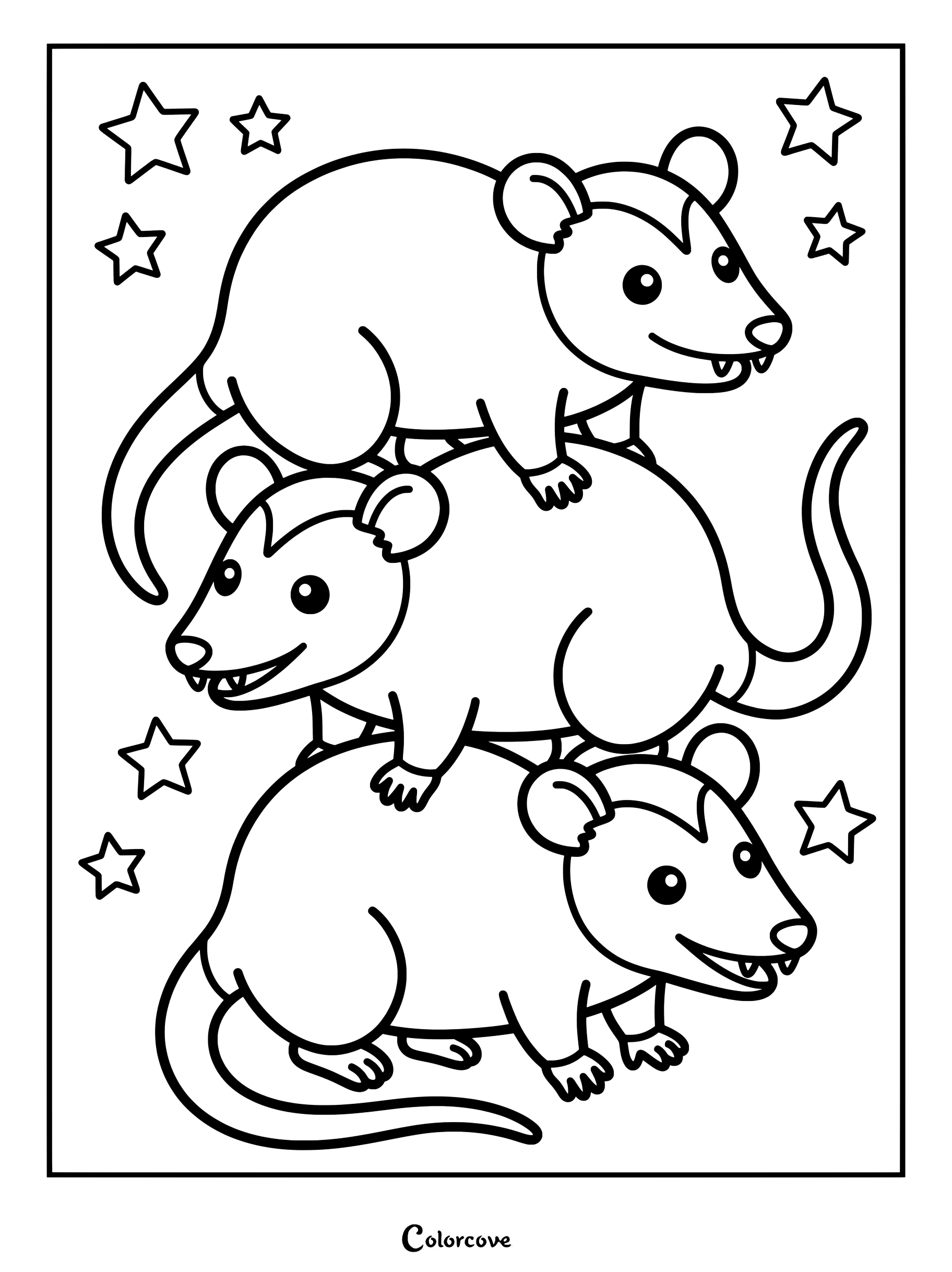 A printable coloring page featuring three cute opossums stacked vertically on top of each other surrounded by stars.