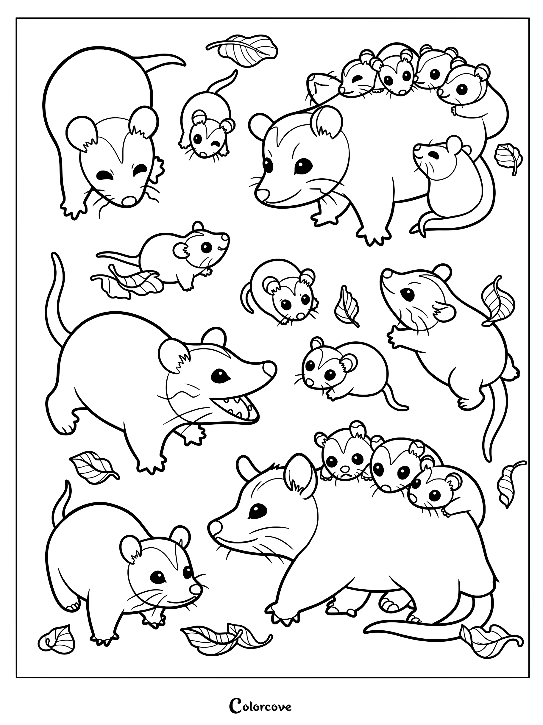 A printable coloring page featuring a group of cute opossums, including mothers carrying babies on their backs and individual joeys playing among fallen leaves.