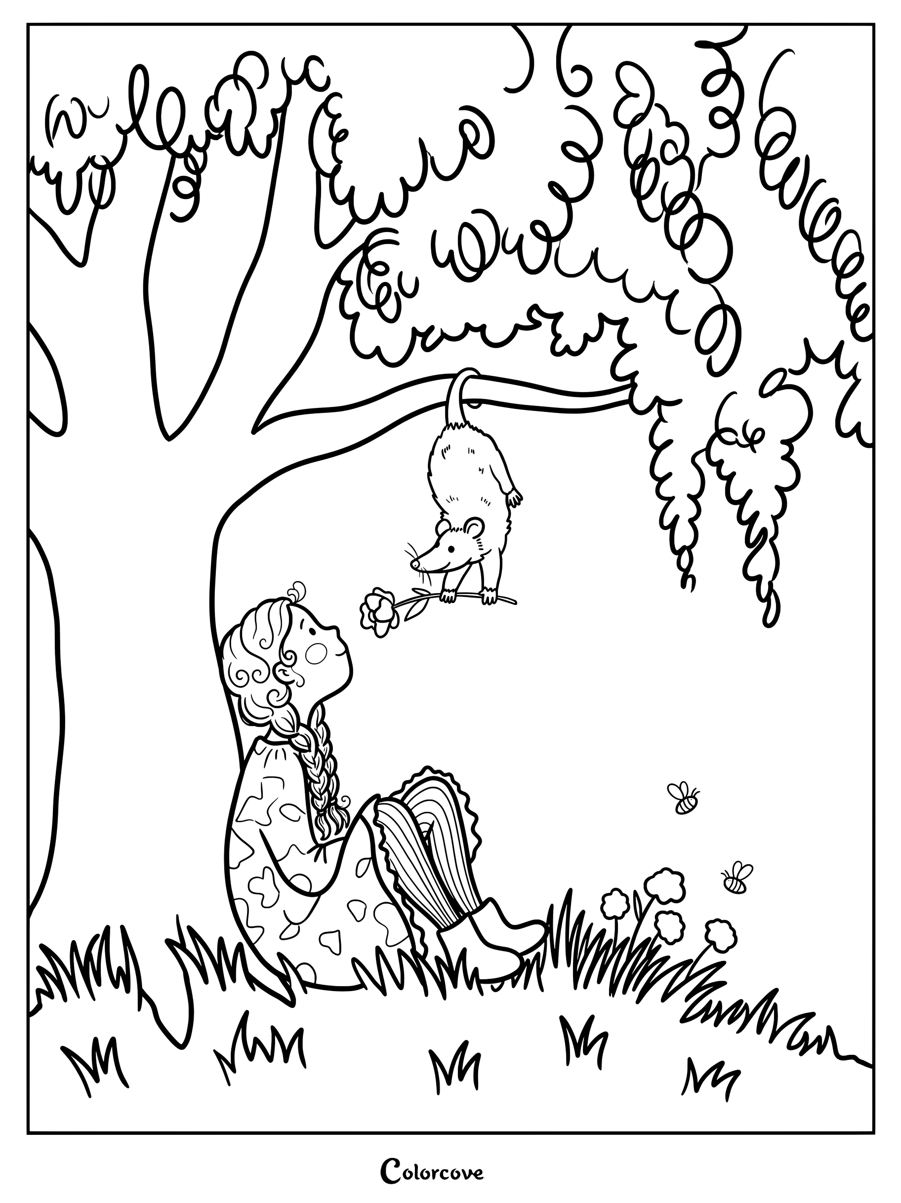 A girl with braided hair sitting under a tree looking up at an opossum hanging by its tail from a branch in this printable coloring page.