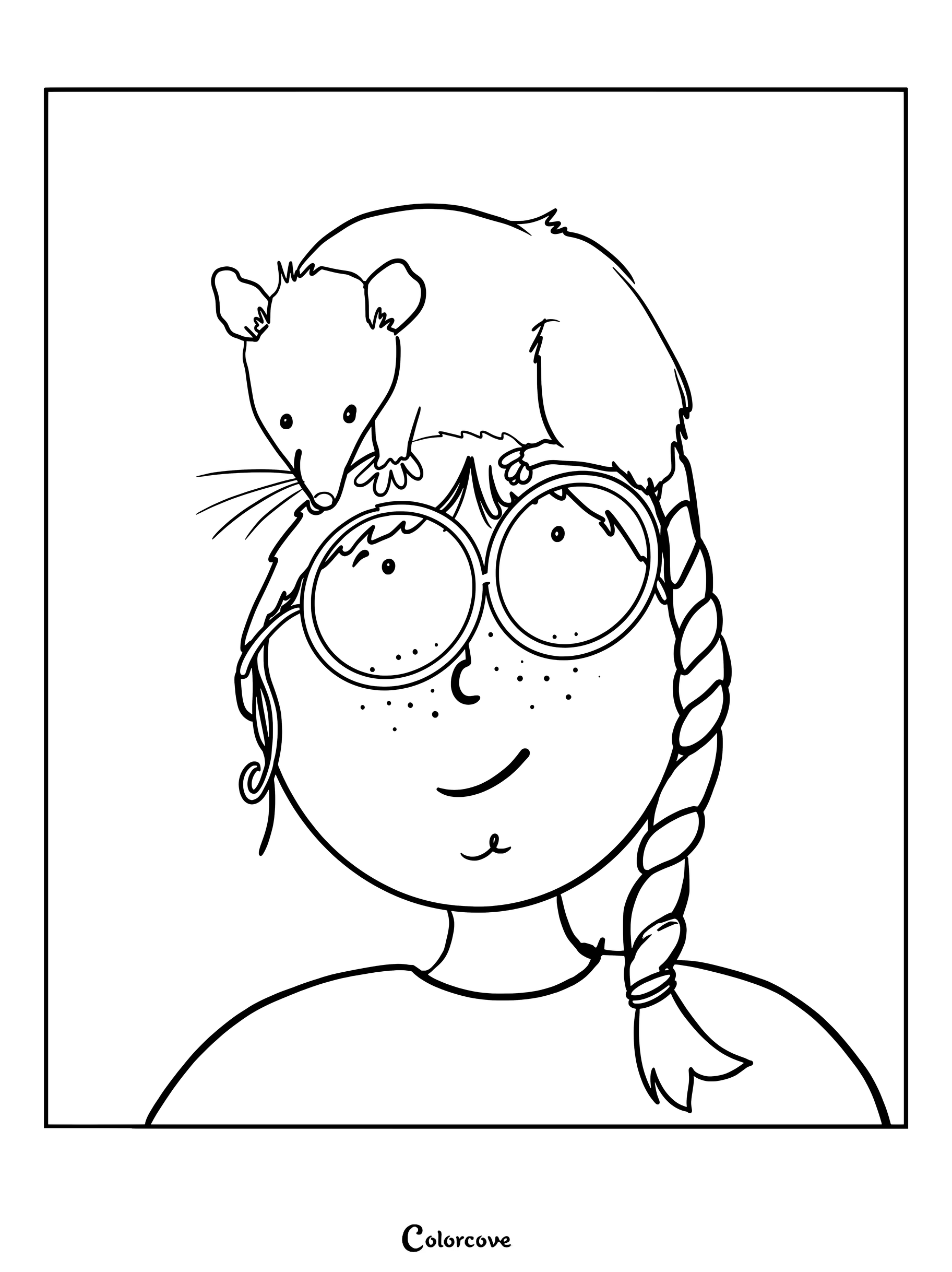 A line art coloring page featuring a girl with round glasses and a braided ponytail with a small opossum sitting on top of her head.