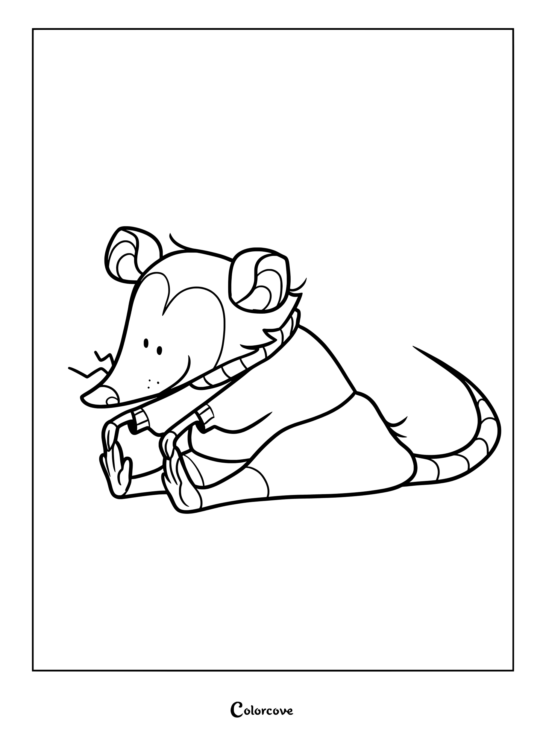 A cartoon opossum wearing a sweater sitting on the floor and stretching its arms forward in this printable coloring page.