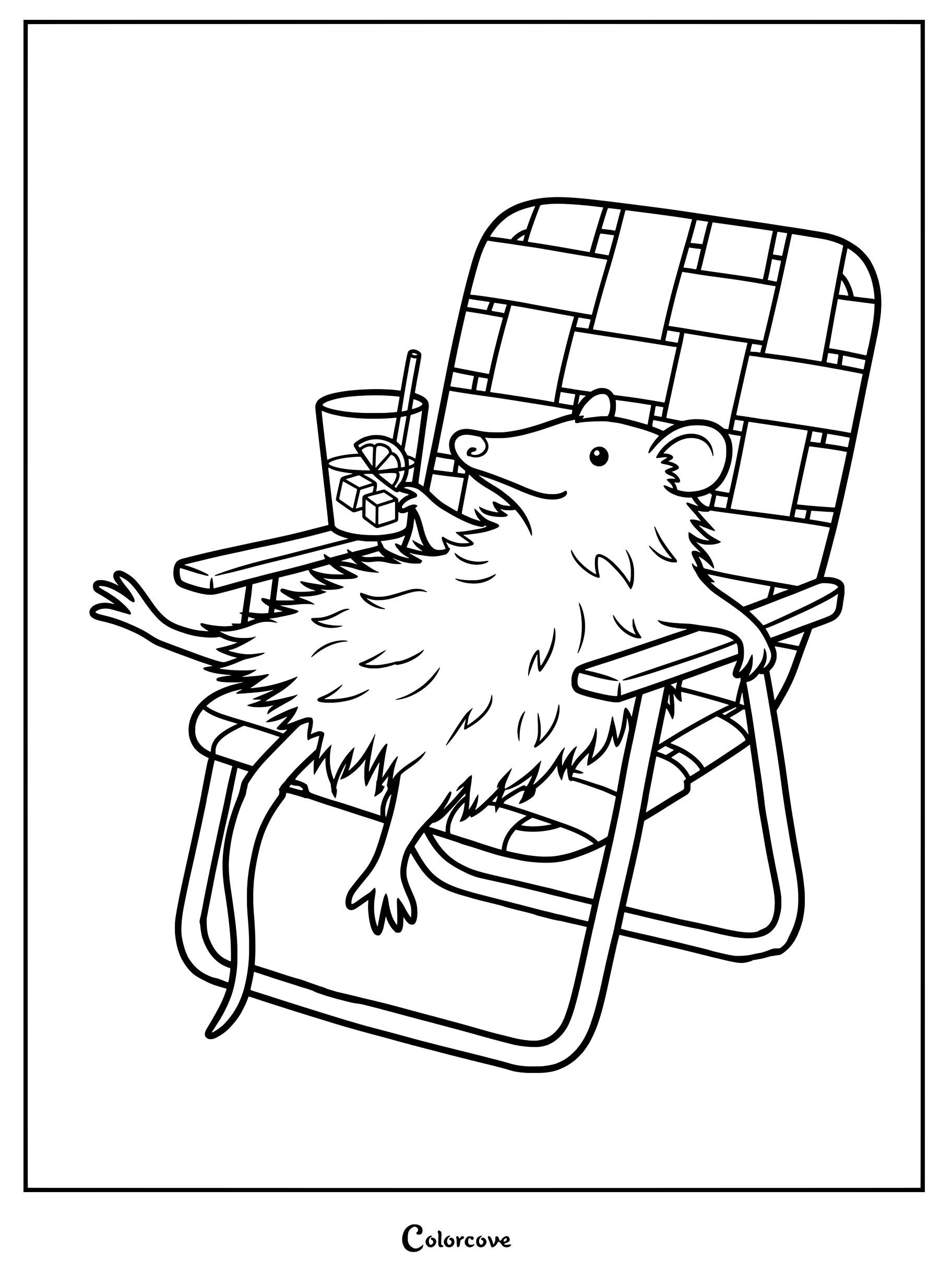 Opossum sitting in a woven lawn chair holding a glass of iced lemonade, printable coloring page.