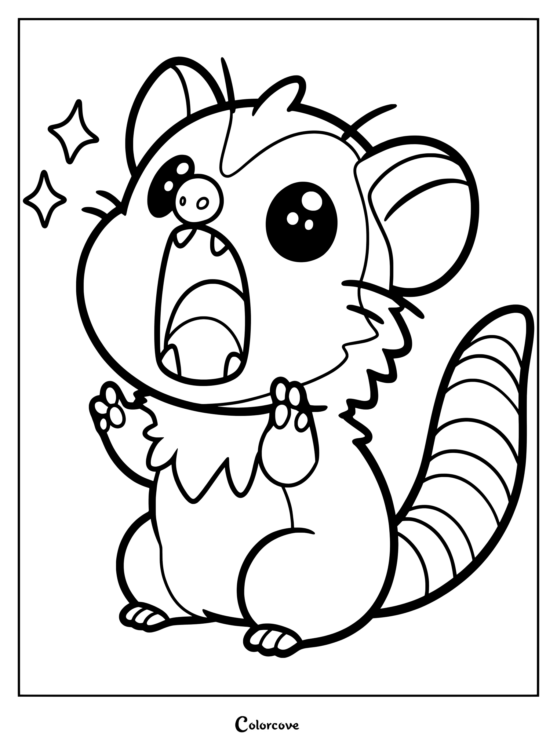 A kawaii opossum with large sparkling eyes and an open mouth on a printable coloring page.