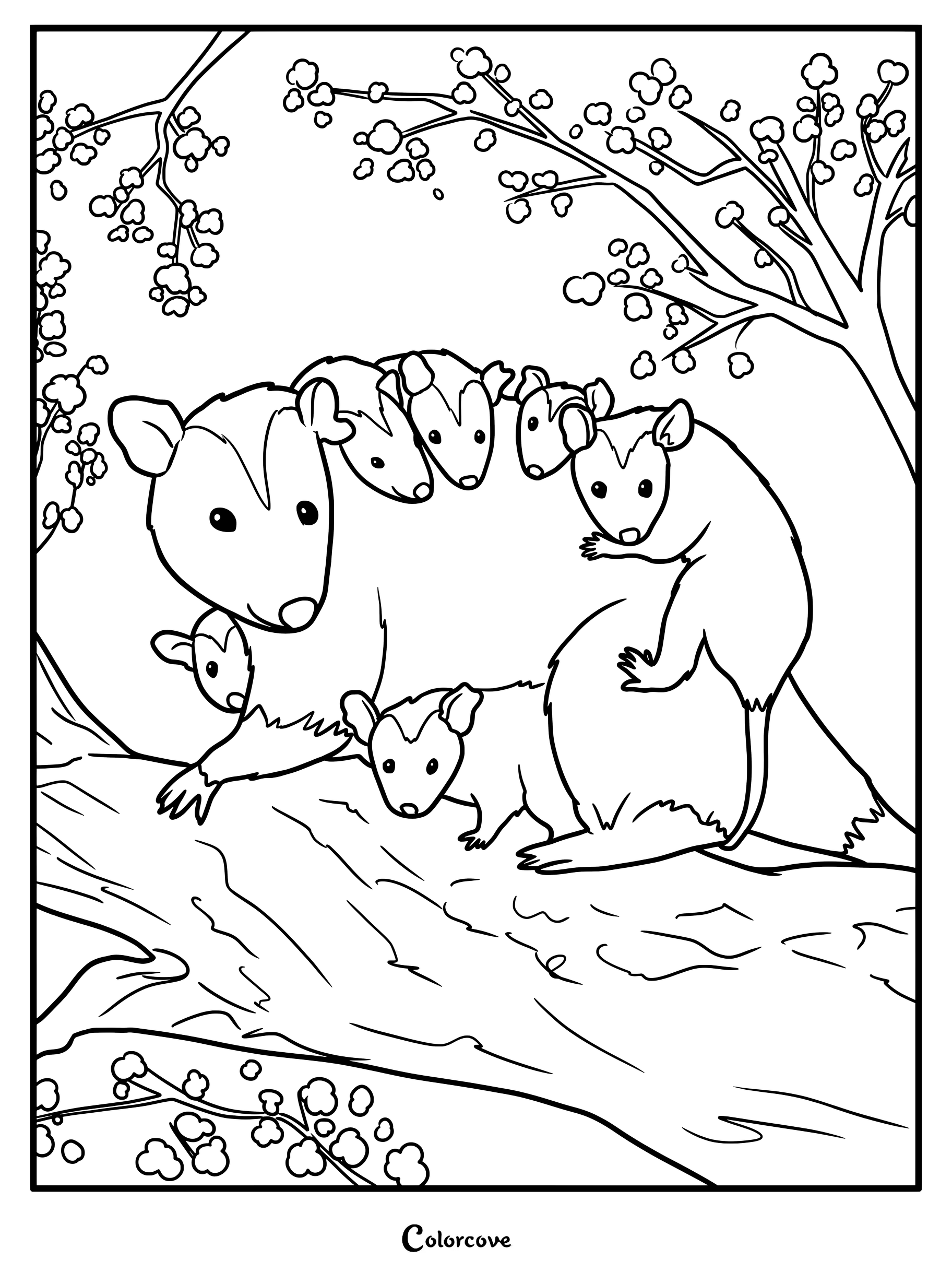 A mother opossum carrying several babies on her back and side while perched on a tree branch in this printable coloring page.