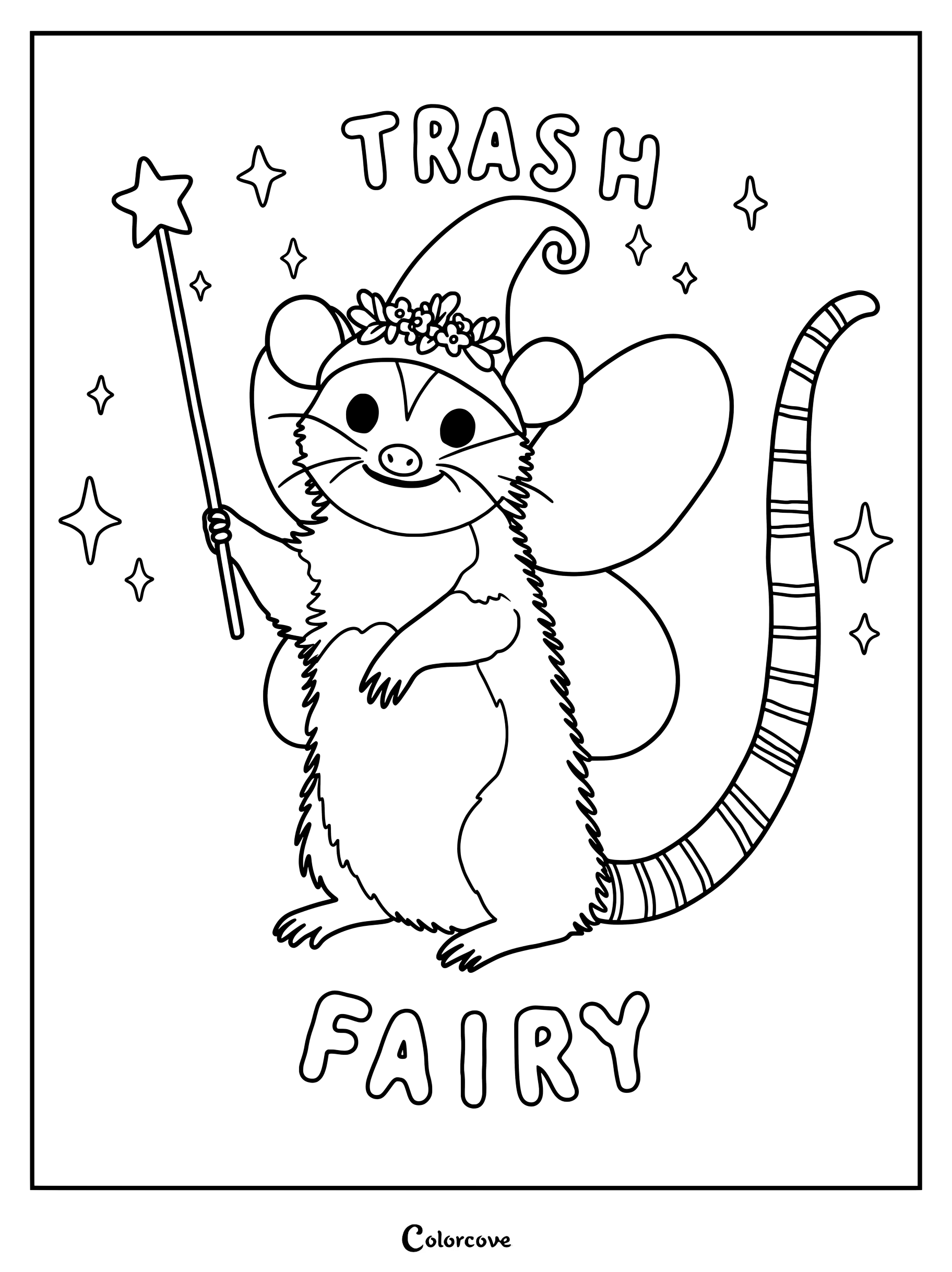 A cute opossum dressed as a fairy with wings, a flower crown, and a star wand on a coloring page with the text Trash Fairy.