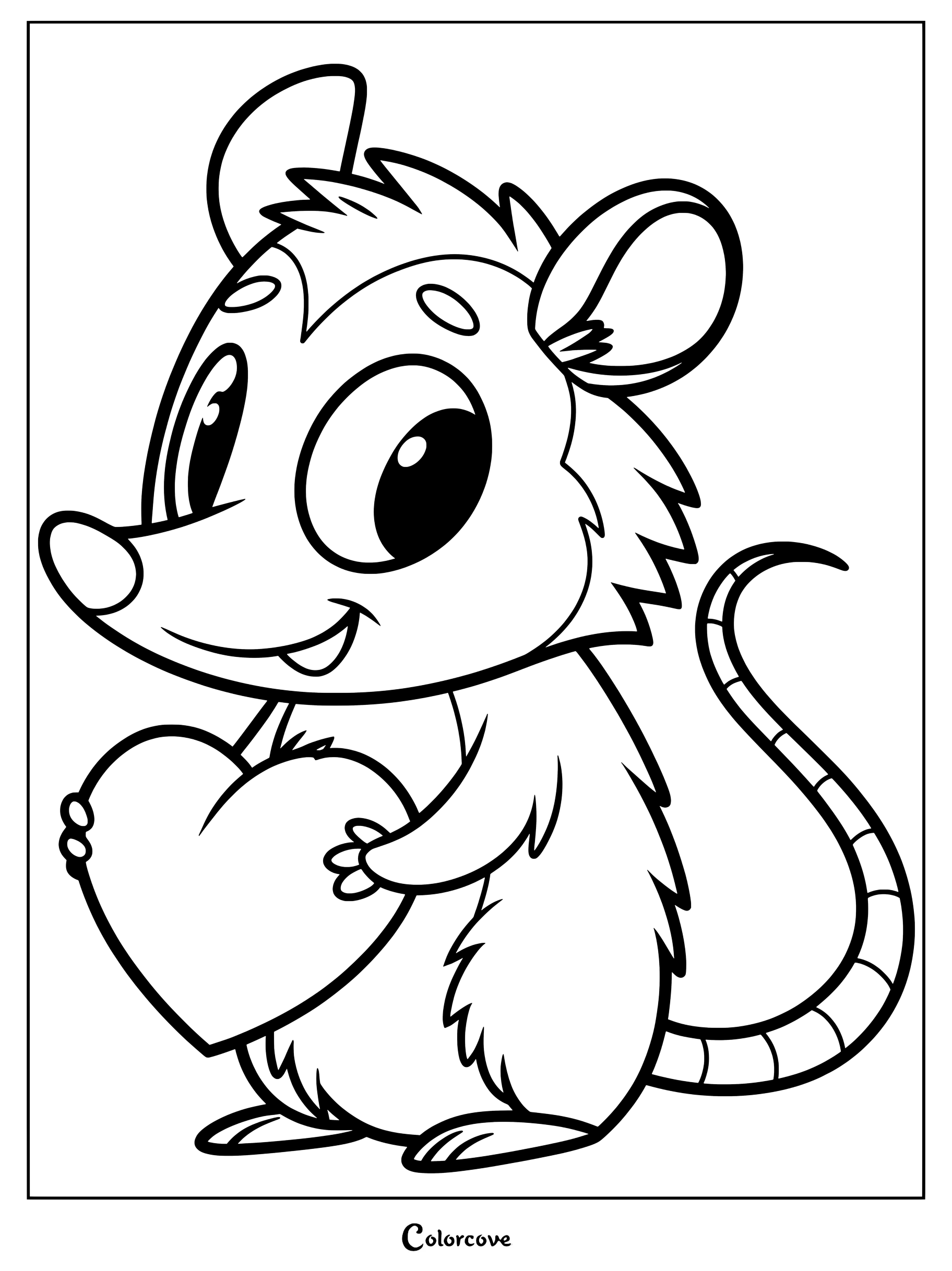 A cartoon opossum with large eyes holding a heart in this printable coloring page.