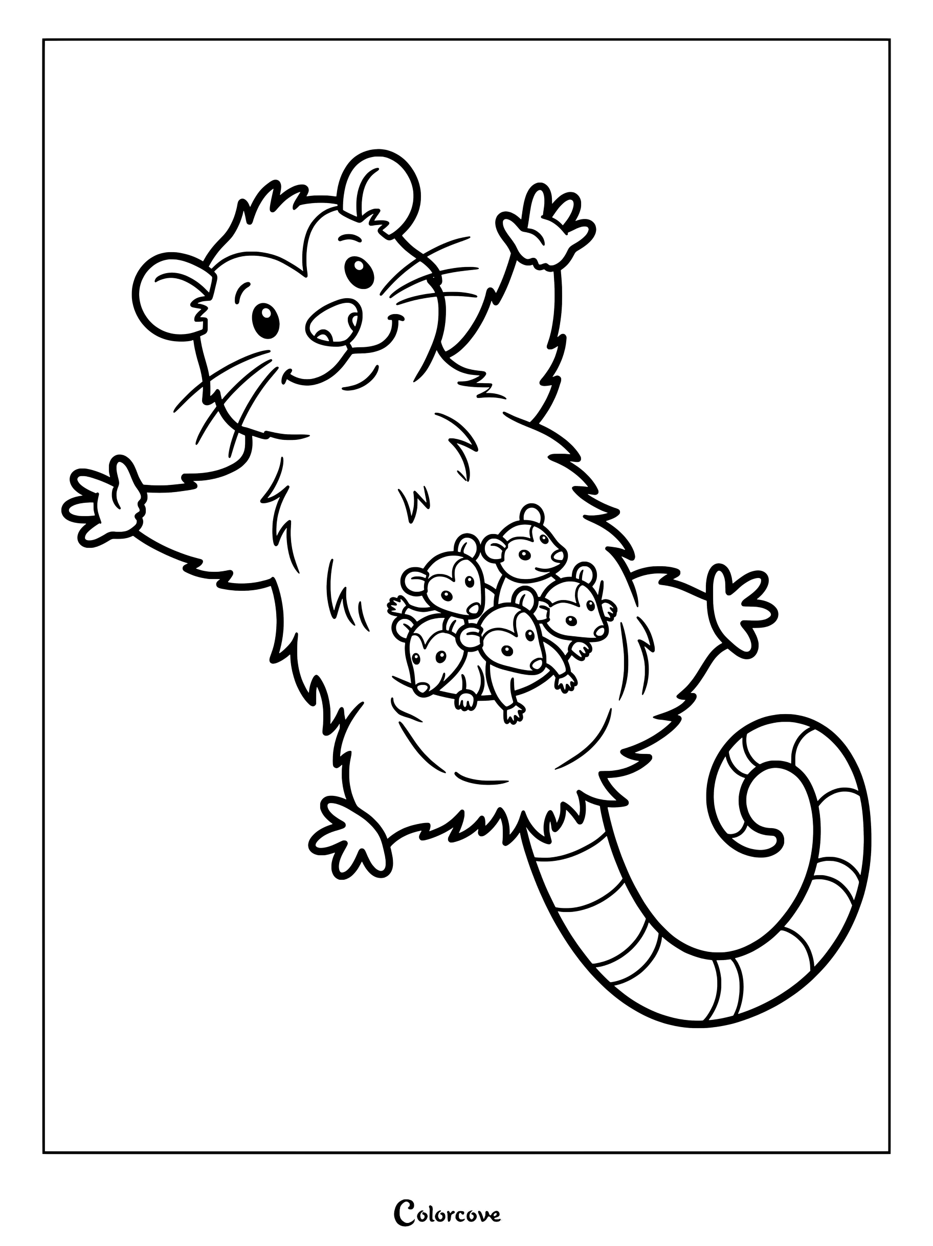 A mother opossum waving with four baby opossums peeking out of her pouch in this printable coloring page.