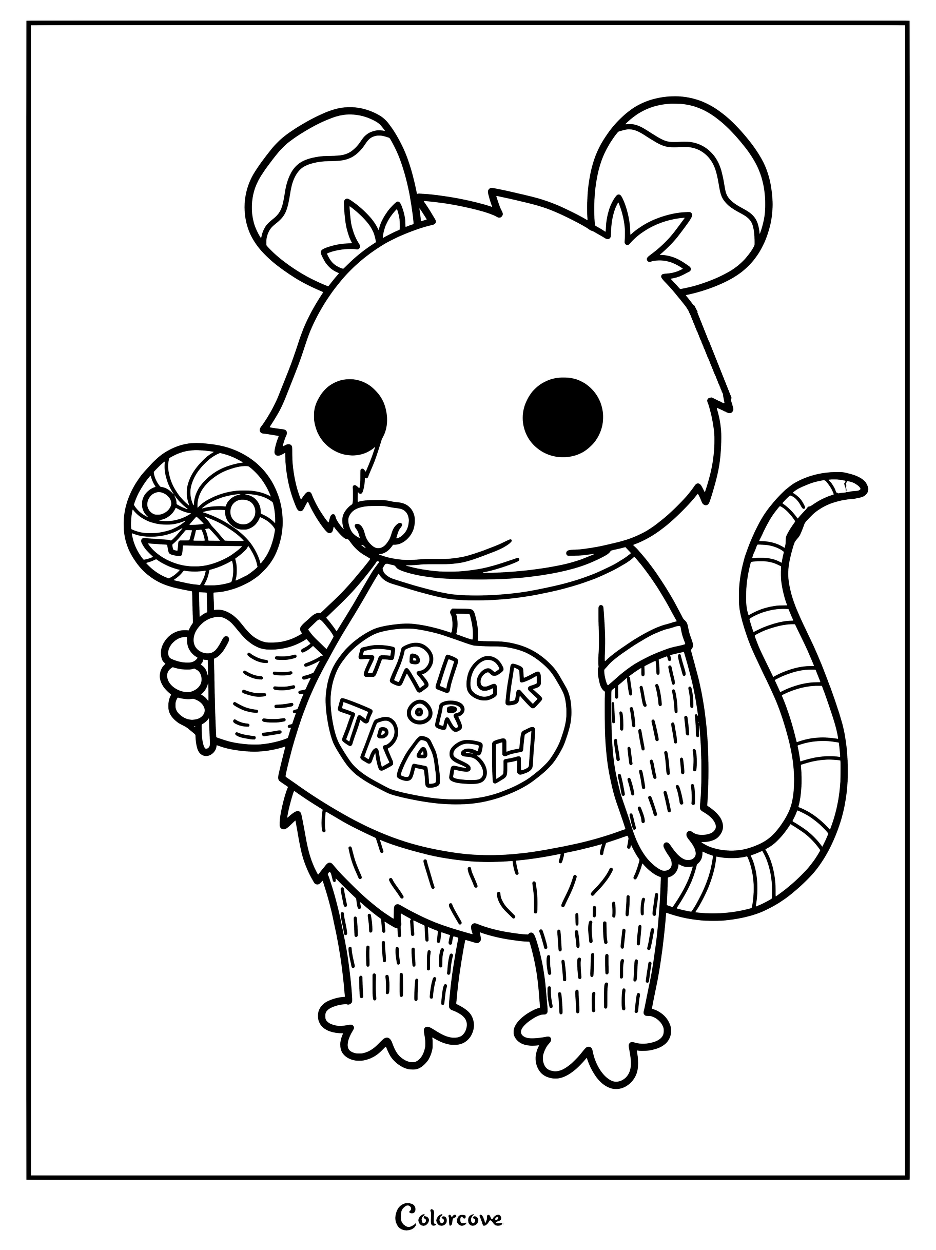 A cute opossum wearing a Trick or Trash shirt holding a spooky lollipop in this printable coloring page.