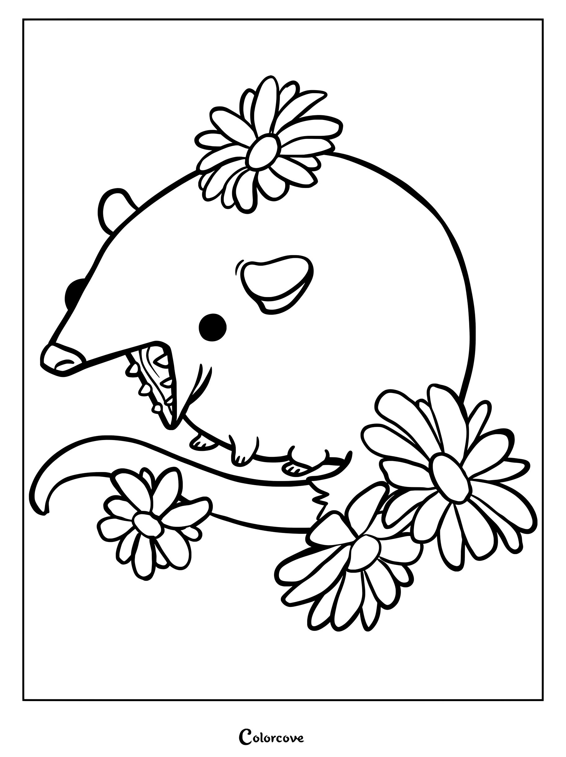 A cute opossum with its mouth open in a hiss, surrounded by blooming daisies in this printable coloring page.