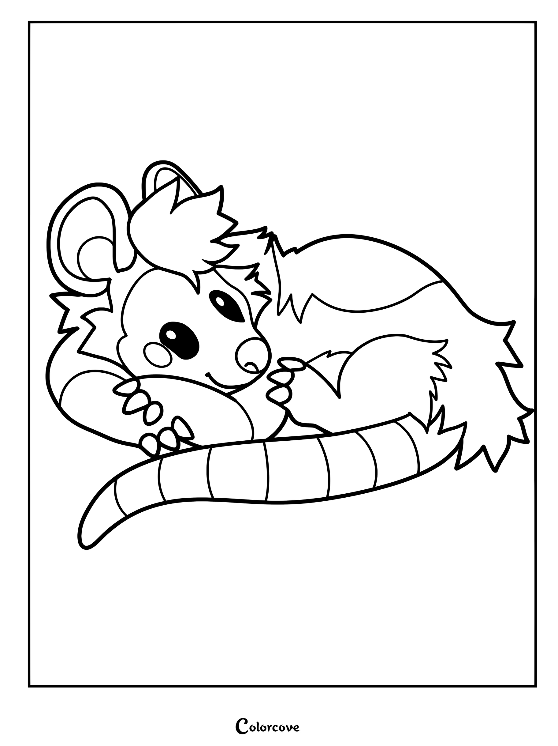 A cute cartoon opossum curled up in a ball sleeping, featured on a printable coloring page with bold outlines.