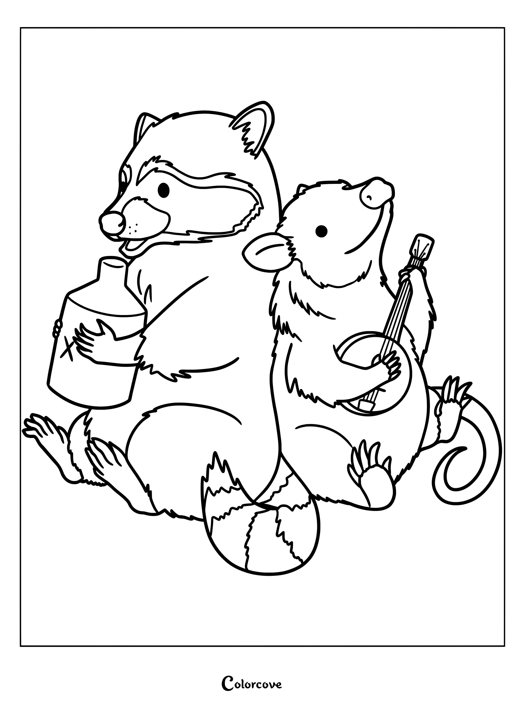 A raccoon holding a jug and an opossum playing a banjo sitting back-to-back in this printable coloring page.