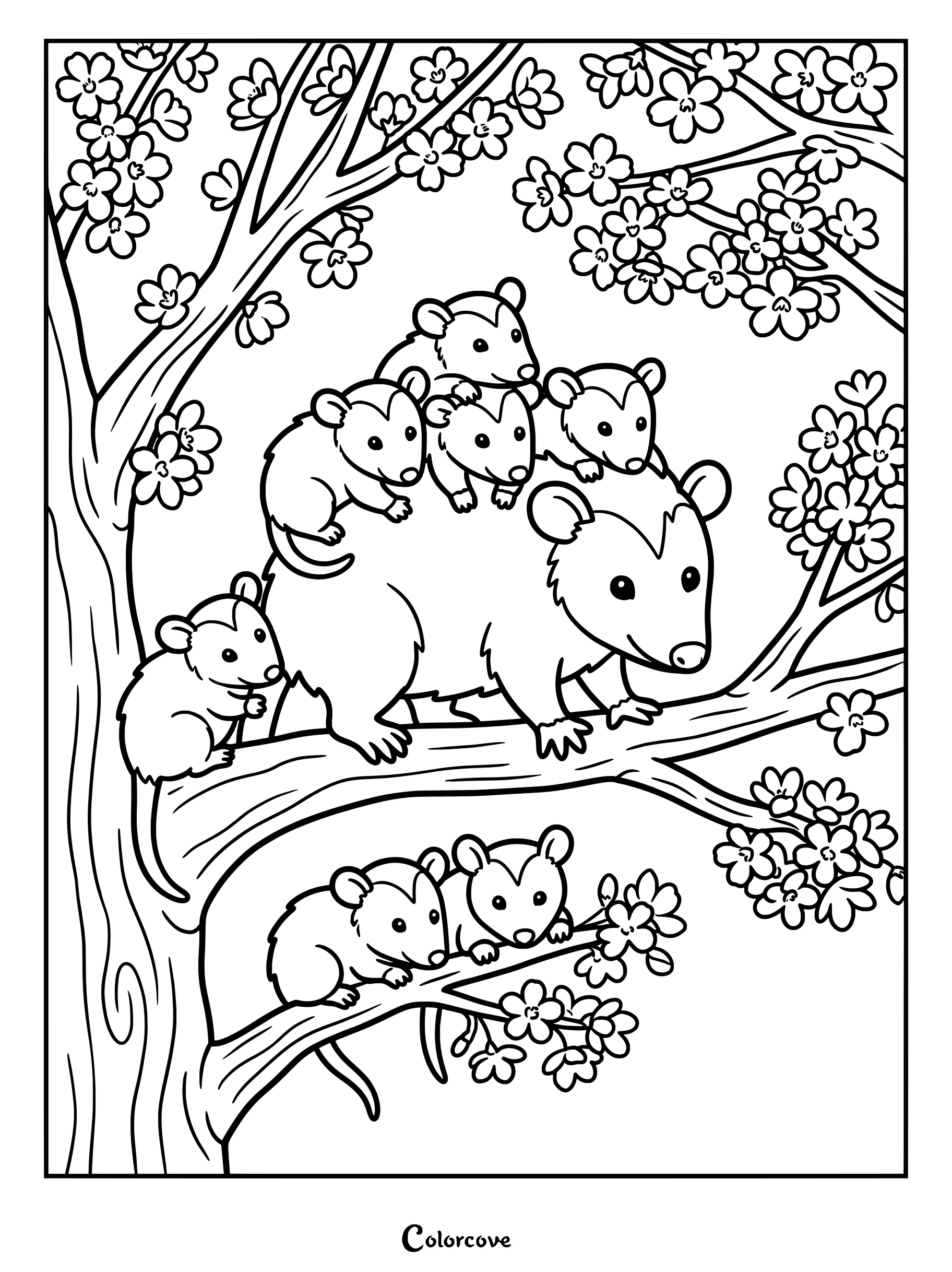 A mother opossum carrying three babies on her back with two more babies sitting on a lower branch in a blooming tree, line art coloring page.
