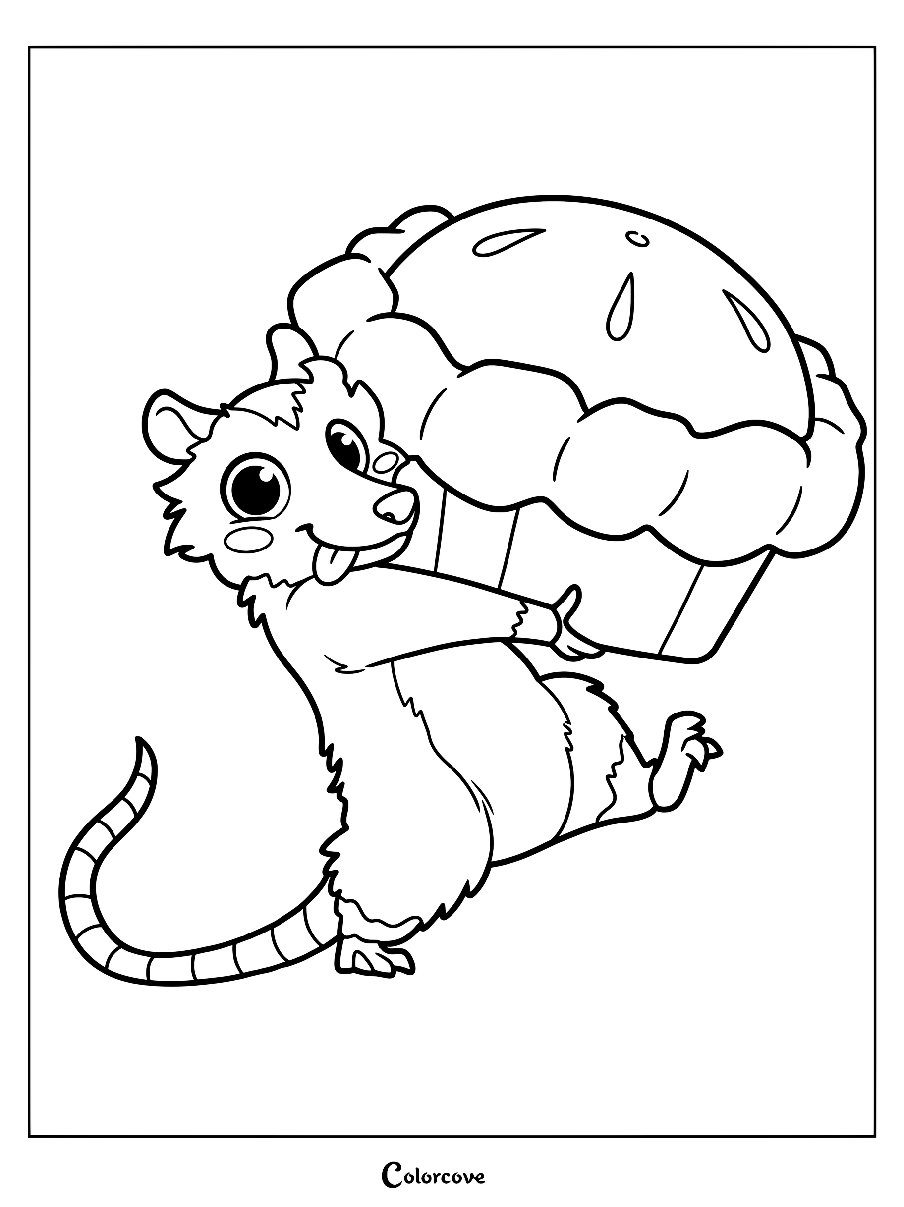 A cute cartoon opossum with a long tail holding a large baked pie in this printable coloring page.