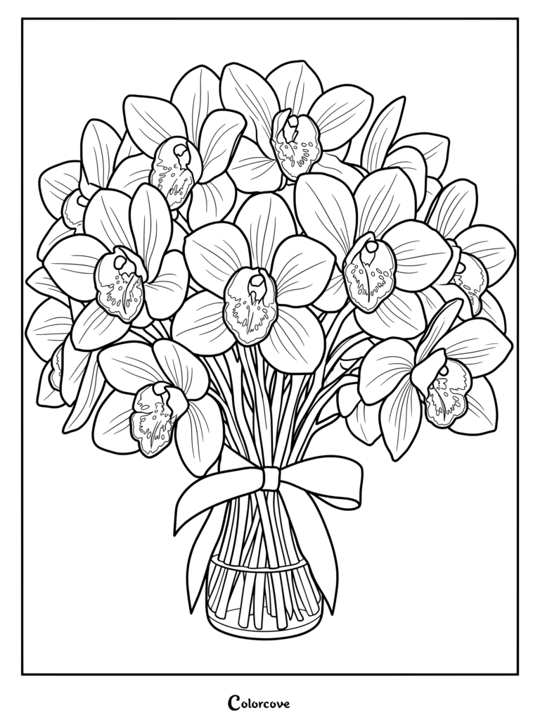 An intricate orchid bouquet coloring page featuring multiple blossoms tied with a ribbon bow.