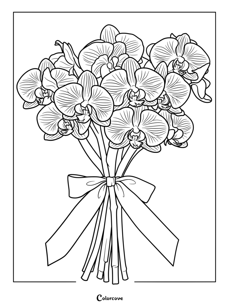 Detailed orchid bouquet coloring page tied together with a lovely ribbon.