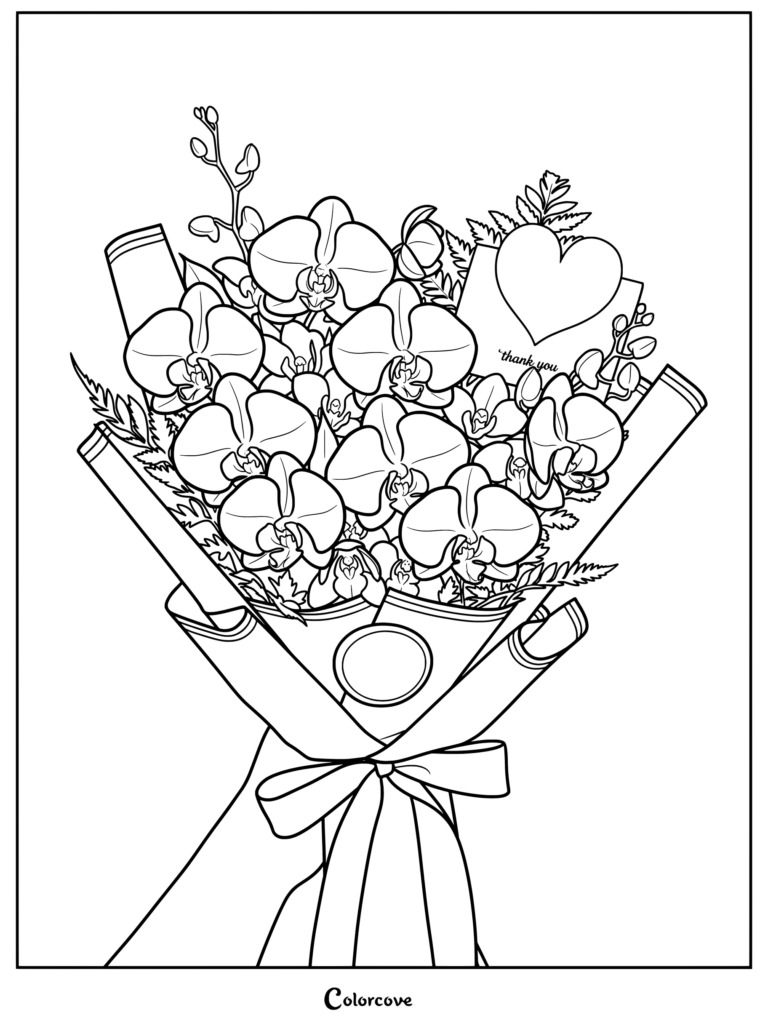 An intricate orchid coloring page featuring a wrapped bouquet with a heart greeting card.