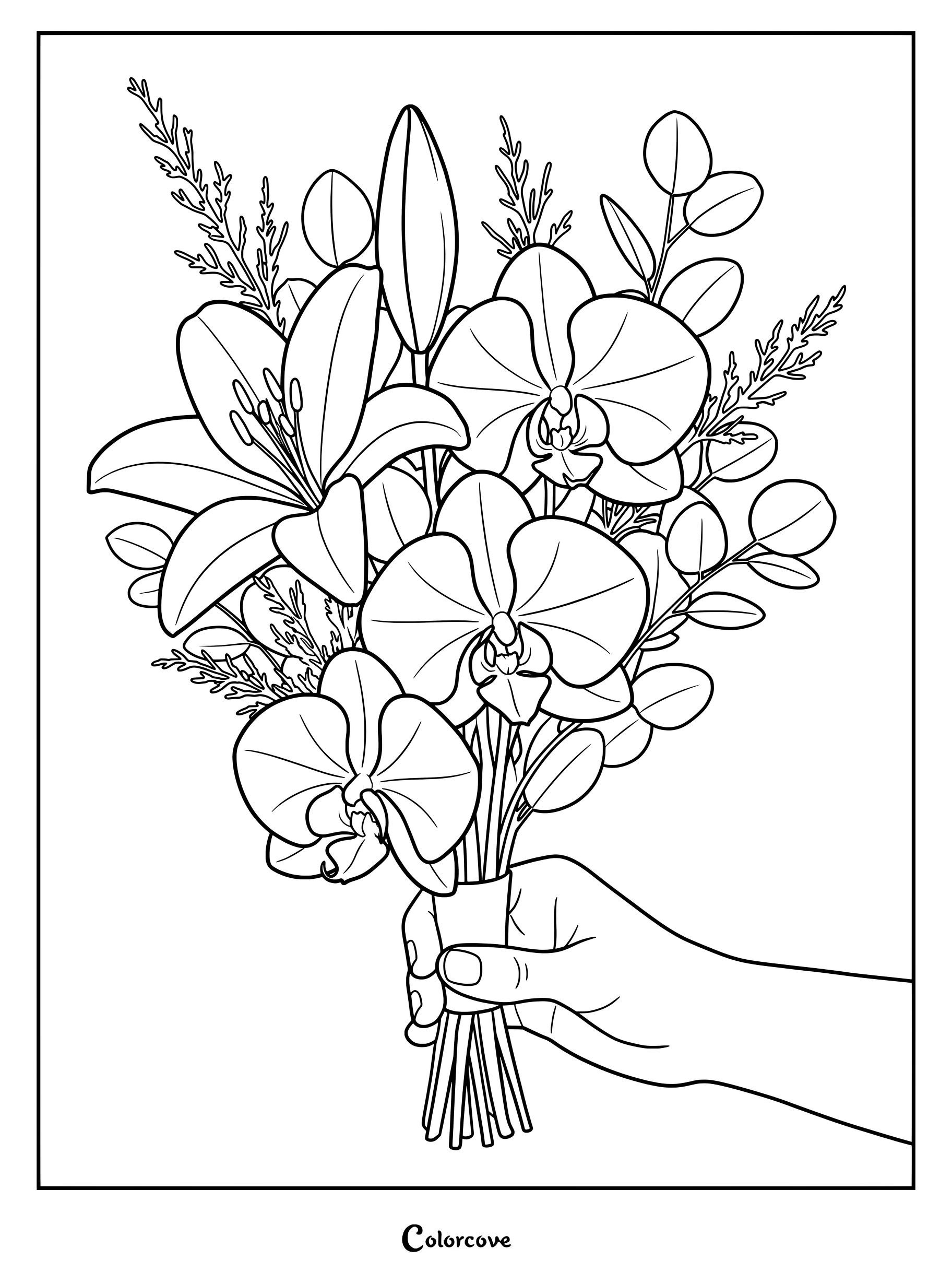 Une page de coloriage complexe présentant une main tenant un bouquet de fleurs d'Orchidées, de Lys et de feuilles d'Eucalyptus.
