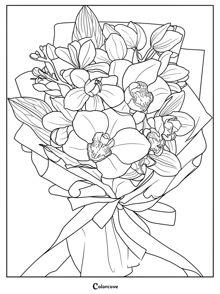 An intricate coloring page of a wrapped bouquet featuring detailed orchid blossoms and leaves.