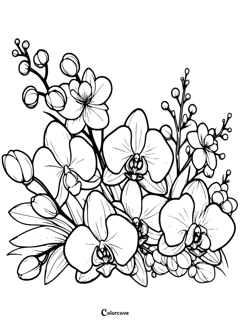 Free printable orchid coloring page featuring an intricate floral arrangement.