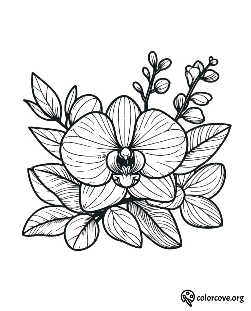 a black and white drawing of a flower and leaves