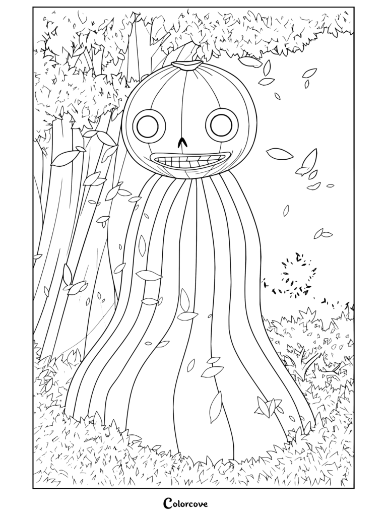 Dibujo para colorear de Enoch, la calabaza gigante gobernante de Pottsfield en Más allá del jardín, de pie en un bosque rodeado de hojas que caen.