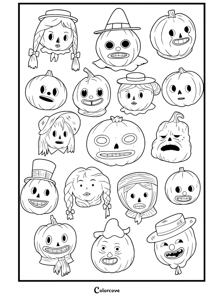 Dibujo para colorear de Más allá del jardín con varios habitantes de Pottsfield y gente calabaza de la serie animada.