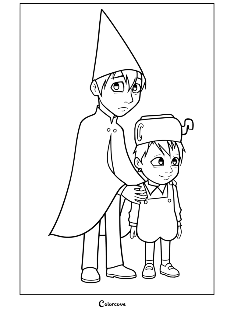 Dibujo para colorear de Más allá del jardín con Wirt luciendo su gorro puntiagudo y su capa, apoyando la mano con ternura sobre Greg, quien lleva una tetera en la cabeza.