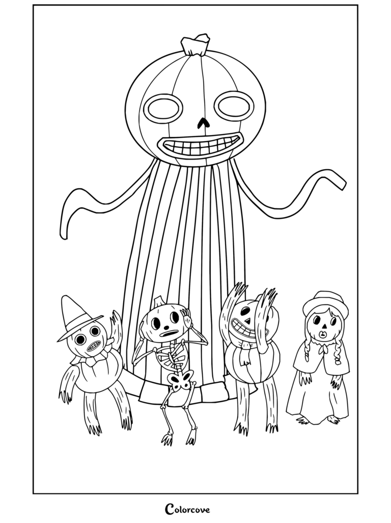 La Bestia alzándose entre hojas junto a niños calabaza en este dibujo para colorear de Más allá del jardín