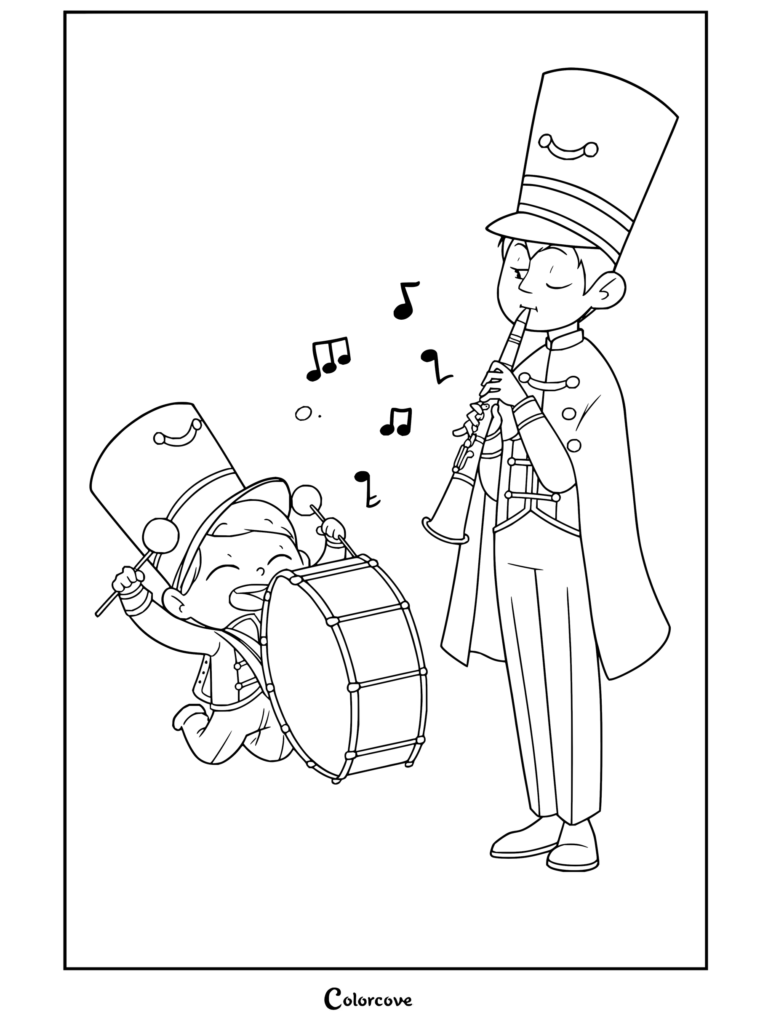 Dibujo para colorear de Wirt y Greg de Más allá del jardín vestidos de banda de música tocando el clarinete y el tambor