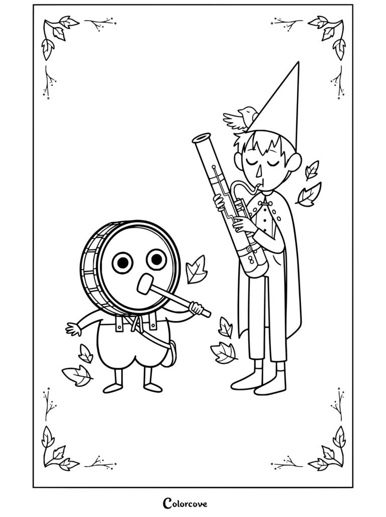 Dibujo para colorear de Wirt y Greg tocando instrumentos musicales en Más allá del jardín