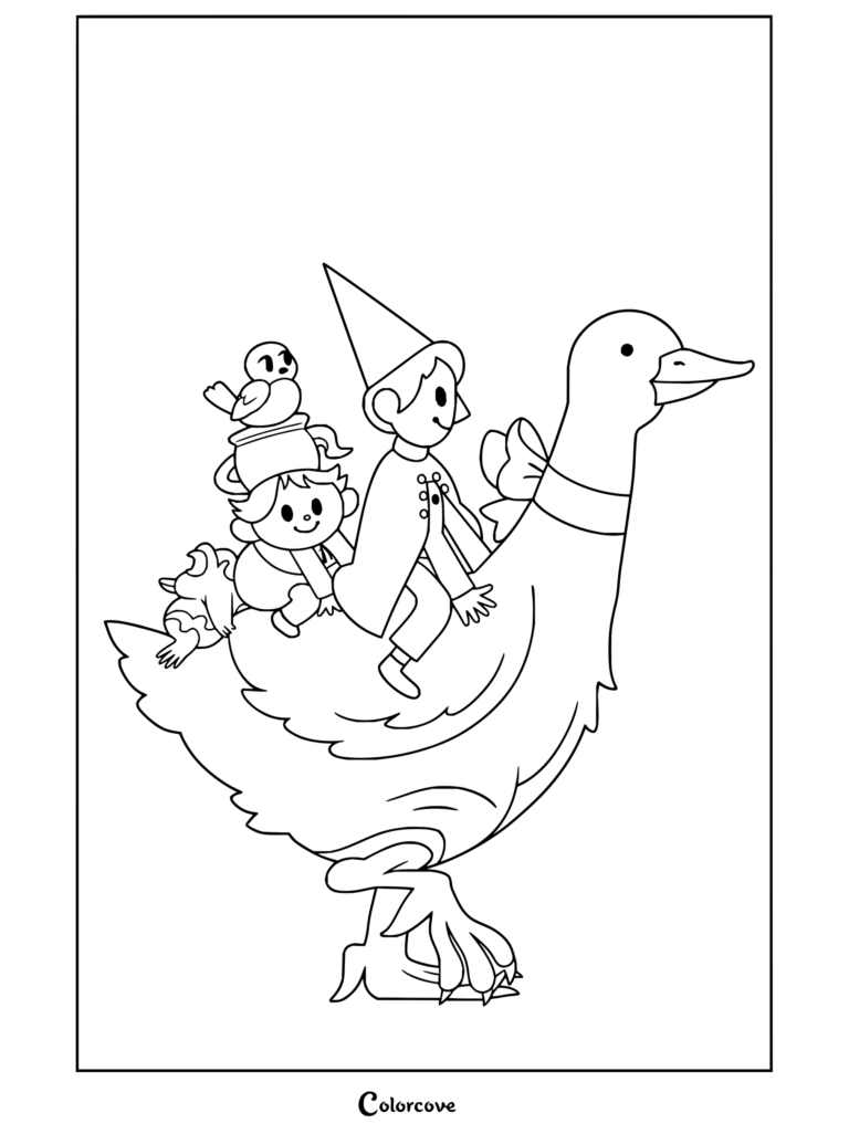 Dibujo para colorear de Wirt y Greg montando sobre el azulejo Beatriz en Más allá del jardín.