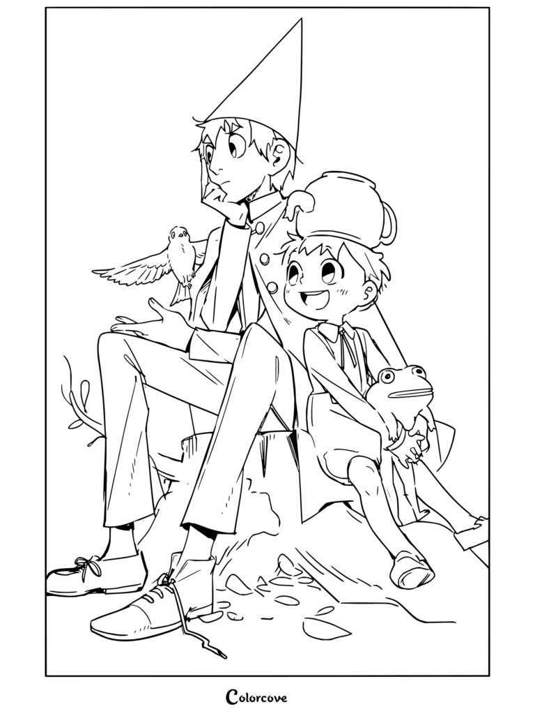 Dibujo gratuito para imprimir y colorear de Wirt y Greg sentados en un tronco con una rana y un pájaro en Más allá del jardín.