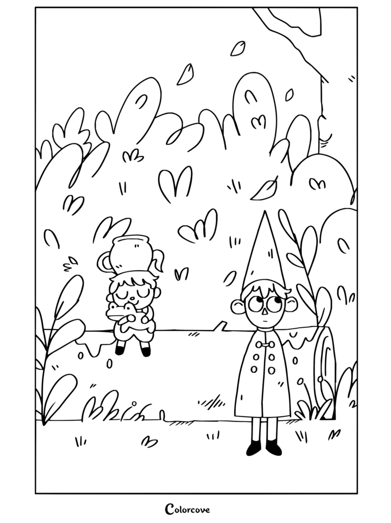Dibujo para colorear de Más allá del jardín con Wirt y Greg de pie en el bosque junto a la rana.