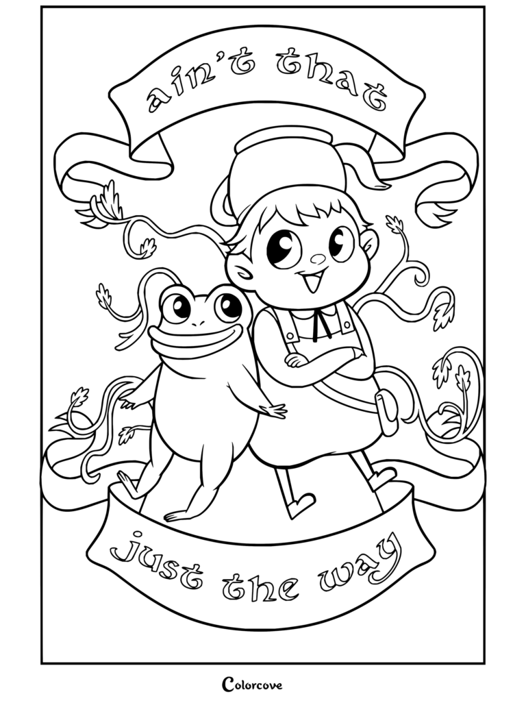 Dibujo para colorear de Más allá del jardín con Wirt y Greg juntos junto a una rana, con el sombrero de tetera y la rana.