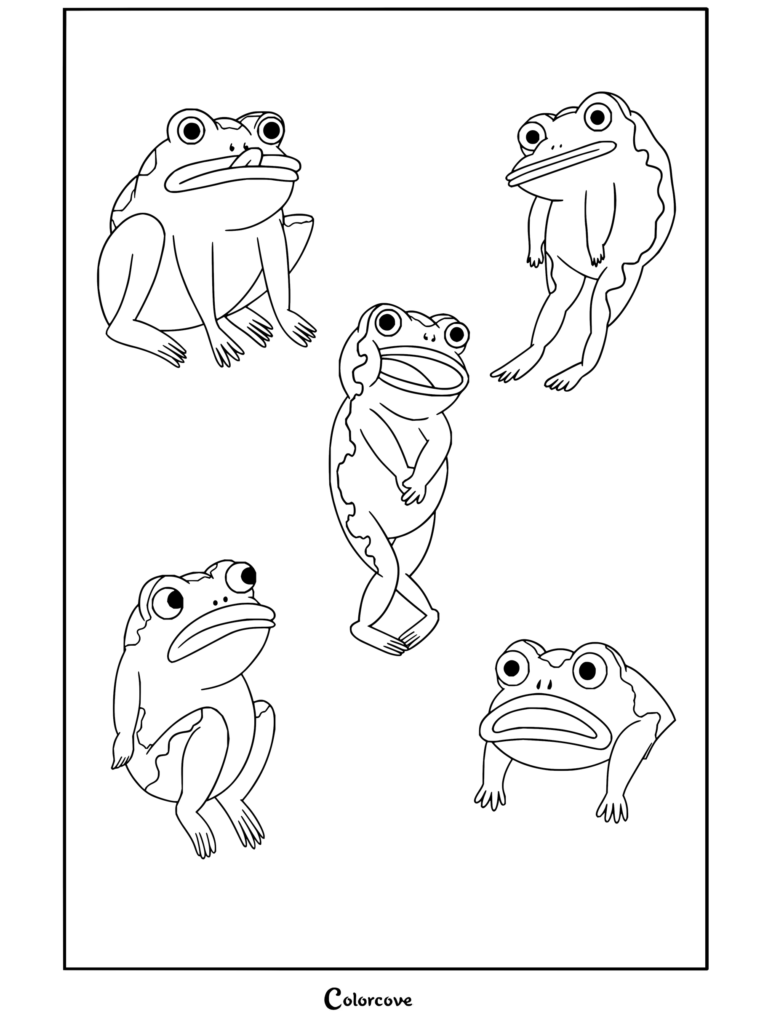 Dibujo para colorear con la rana George Washington de Más allá del jardín en varias posturas divertidas.