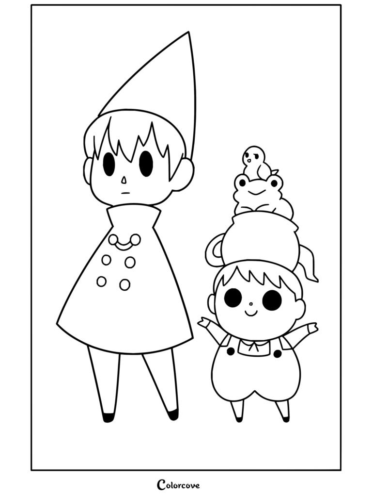Dibujo para colorear de Más allá del jardín con Wirt y Greg juntos, con una tetera y la rana sobre la cabeza de Greg.