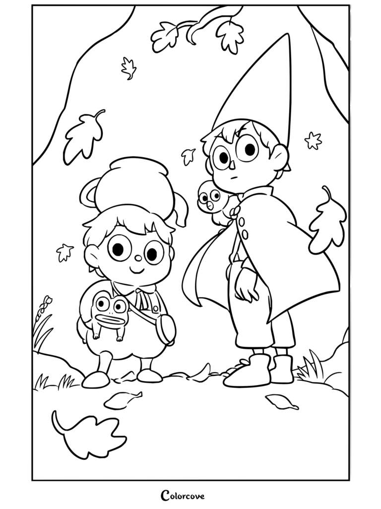 Wirt y Greg de pie junto a una rana en un bosque otoñal en este dibujo para colorear de Más allá del jardín.