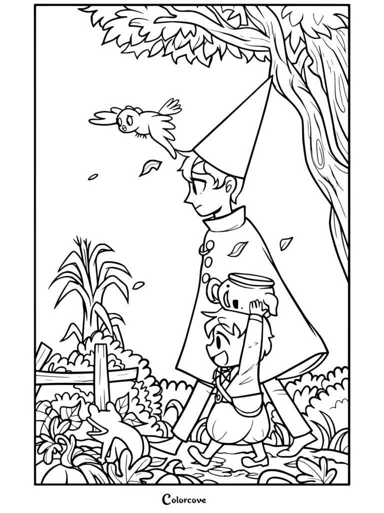 Dibujo para imprimir y colorear de Wirt y Greg paseando por un bosque otoñal con un pájaro en Más allá del jardín.