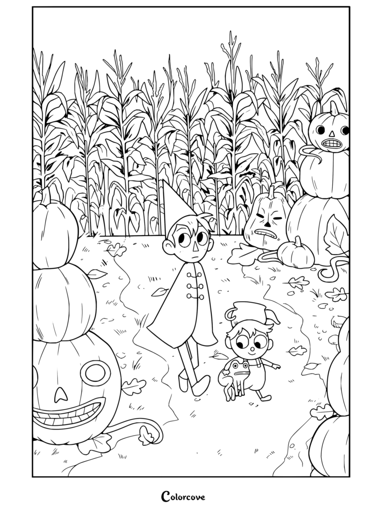 Wirt y Greg caminando por un campo de calabazas en este dibujo para colorear de Más allá del jardín