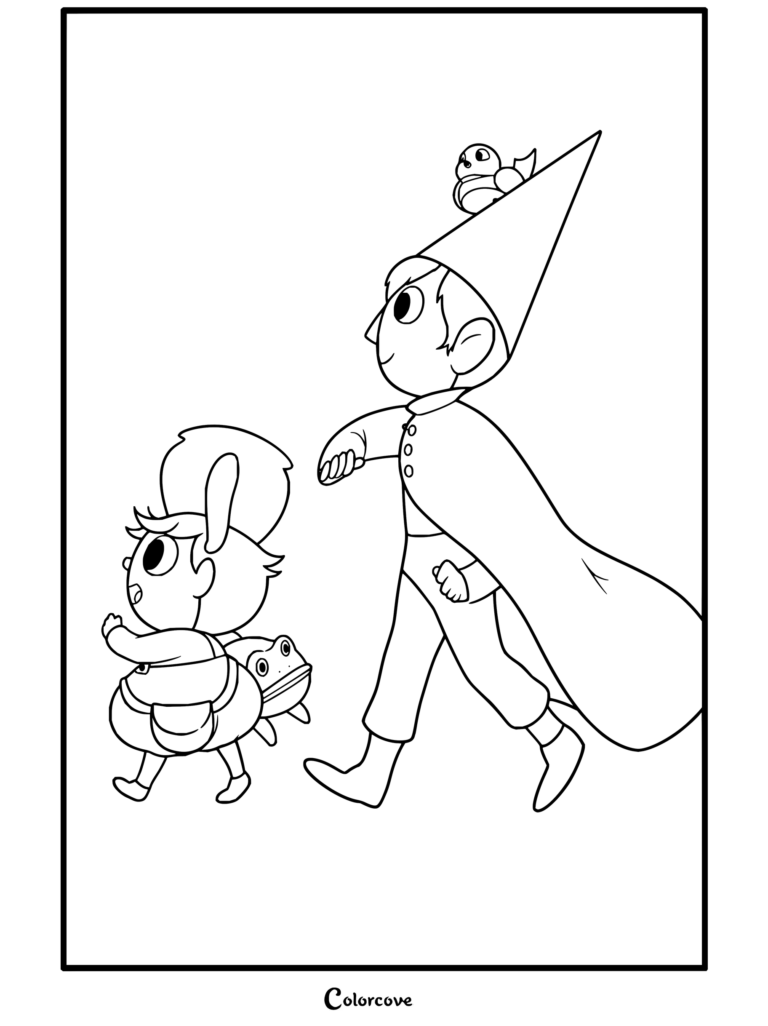 Dibujo para colorear de Wirt y Greg caminando juntos con una rana y un pájaro en Más allá del jardín.