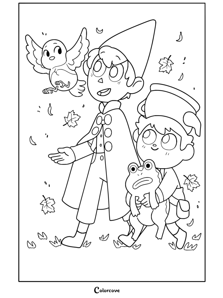 Dibujo para imprimir y colorear de Wirt y Greg caminando por el bosque con una rana y un pájaro de Más allá del jardín.