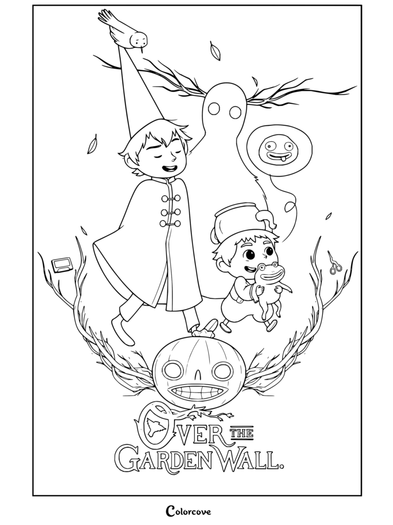 Dibujo para colorear de Wirt y Greg caminando con la rana y la sombra de La Bestia en Más allá del jardín.