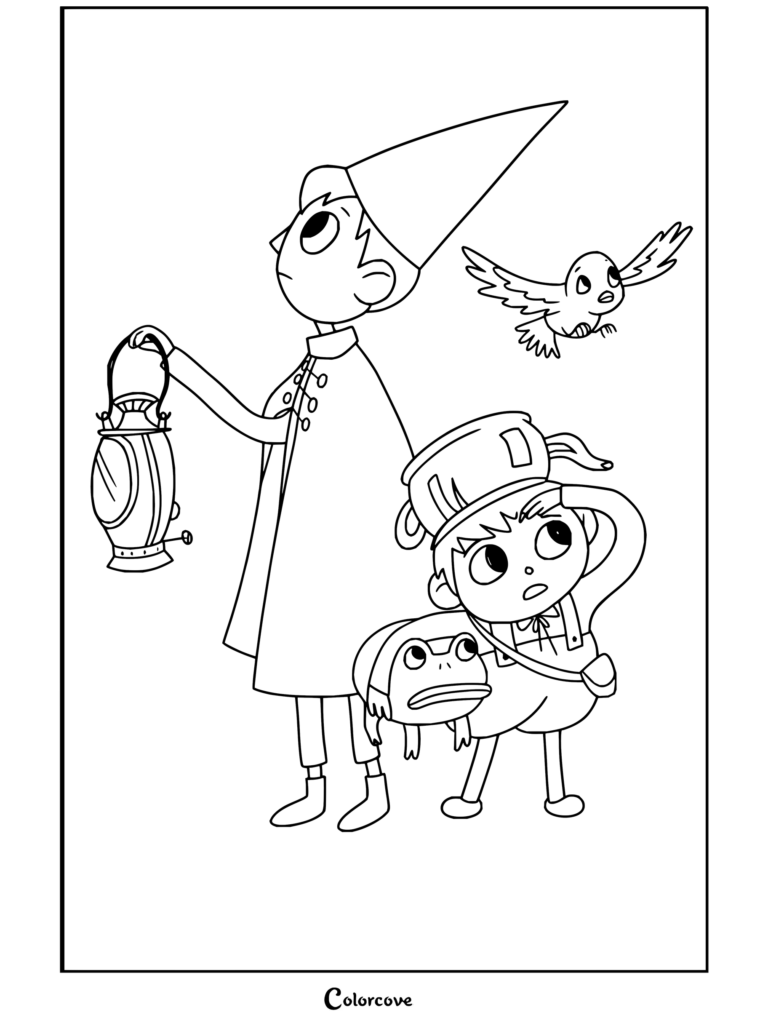 Dibujo para colorear de Wirt y Greg con Beatriz y la rana llevando una linterna en Más allá del jardín para niños y fans